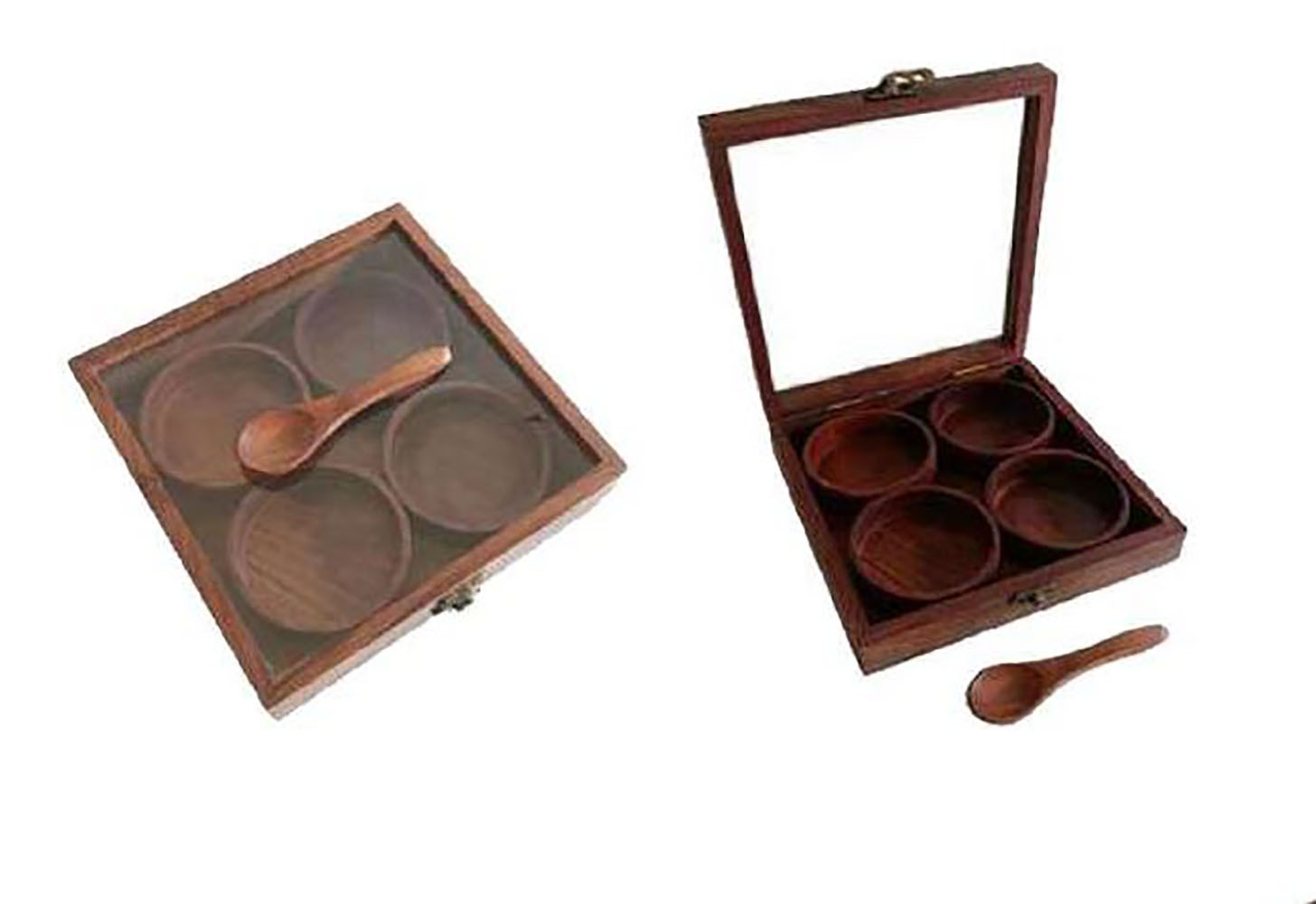 Wood 2 Round Fixed Steel Container Spice Box