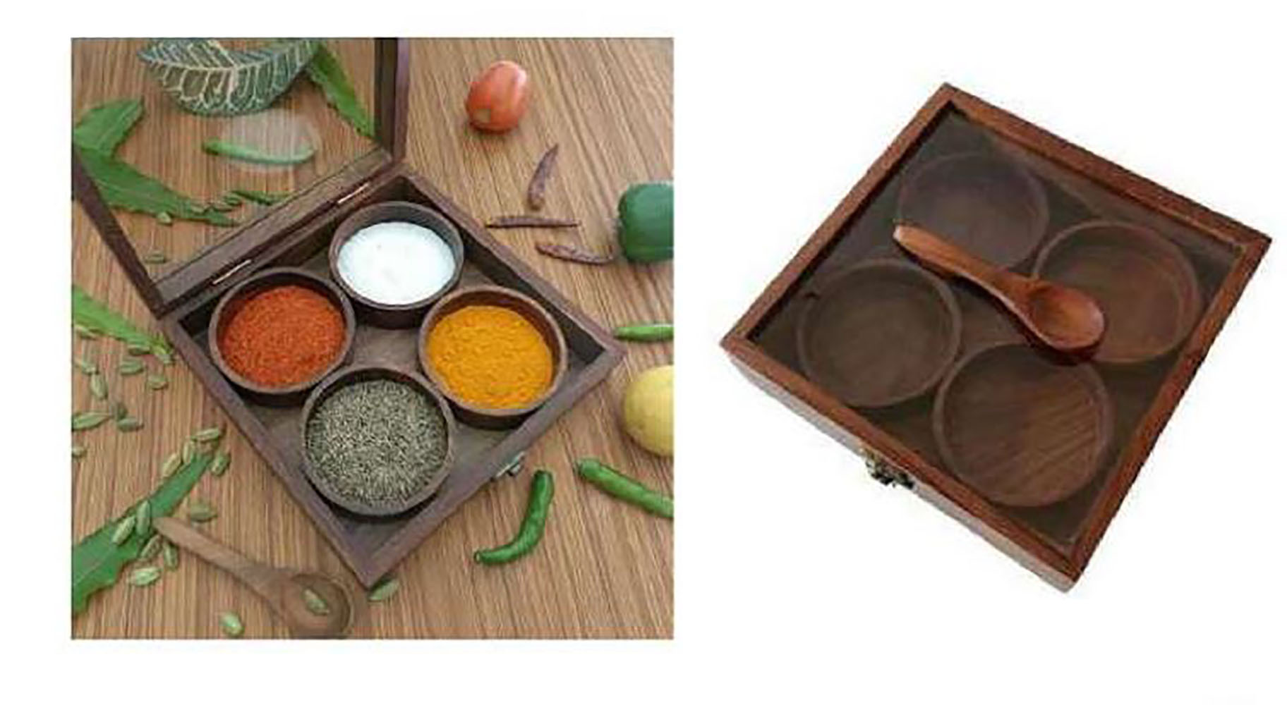 Wood 2 Round Fixed Steel Container Spice Box