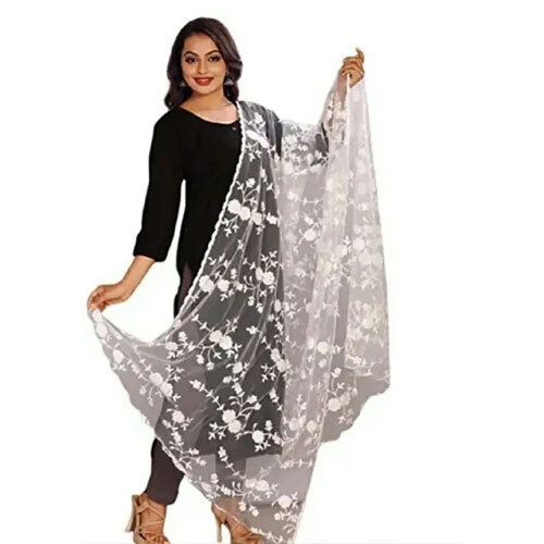 Cut Work Net Dupatta - High Quality Net Fabric, Customized Size, White Color | Intricate Floral Embroidery, Lightweight, Washable