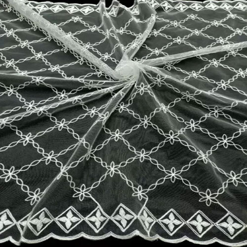Fancy Net Dupatta - Lightweight White Net Fabric, Customized Size, Intricate Floral Embroidery, Washable For Summer Elegance