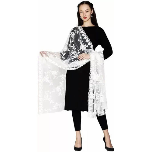 Net Dupatta - High Quality Net Fabric, Customized Size, Elegant White Embroidery