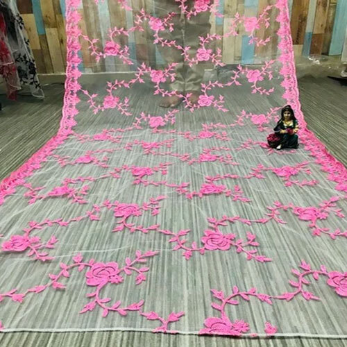 Pink Embroidery Net Dupatta - High-quality Net Fabric Customized Size Beautiful Pink Color | Intricate Embroidery Washable & Breathable