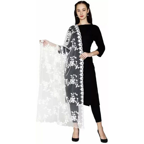 White Gulab Net Dupatta - Net Fabric, Customized Size, Classic White Color | Intricate Embroidery, Easy To Maintain, Ethnic Appeal