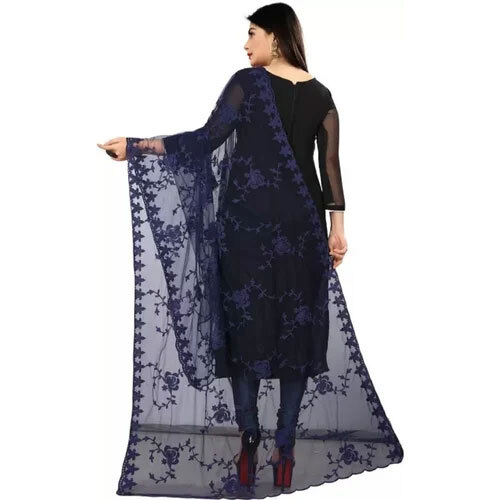 Navy Blue Soft Net Dupatta - Lightweight Soft Net Fabric, Customizable Size, Classic Navy Blue Color, Beautiful Embroidery, Washable