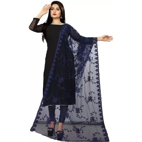 Navy Blue Soft Net Dupatta - Lightweight Soft Net Fabric, Customizable Size, Classic Navy Blue Color, Beautiful Embroidery, Washable