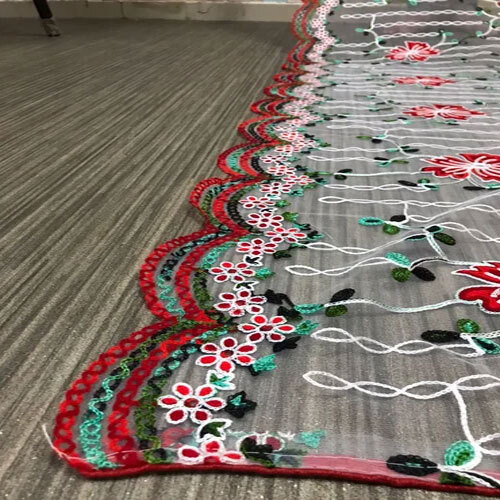 Flower Embroidery Work Net Dupatta - High-quality Net Fabric, Customized Size, Multicolor Floral Embroidery, Washable For Easy Maintenance