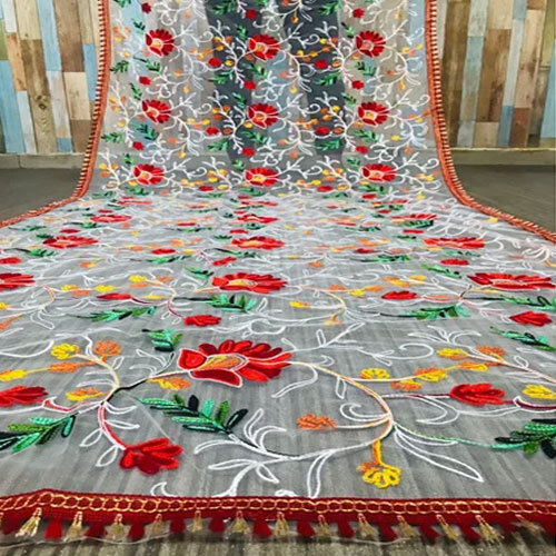 Multicolor Fancy Phulkari Work Net Dupatta