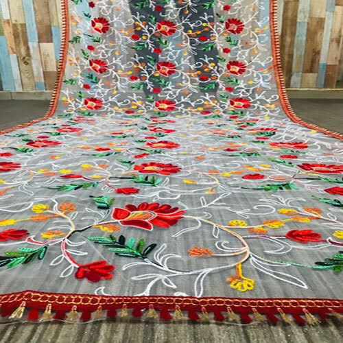 Multicolor Fancy Phulkari Work Net Dupatta