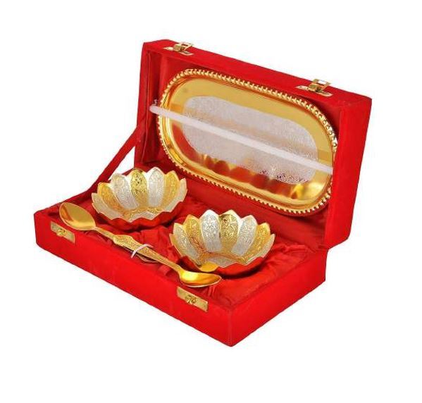 Ssilver Bowl Set Gold Platted With Tray - Silver Plated Material, Elegant Decorative Design, Large Size For Serving | Ideal For Home Decor Or Special Occasions