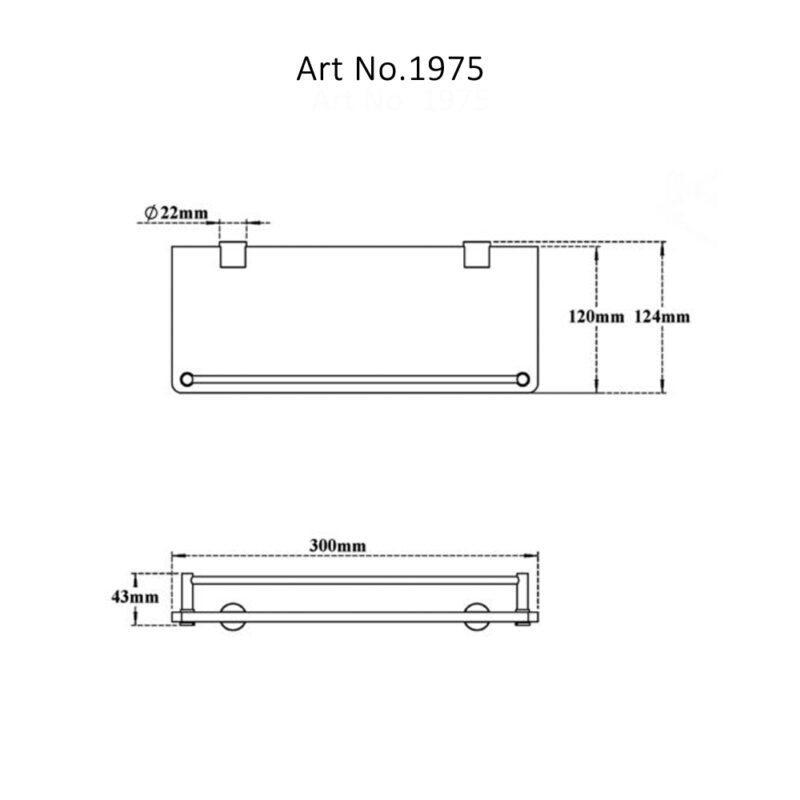 Black Glass Shelf With Rail - 300mm Size, 8mm Thickness, Matte Black Finish | Wall Mounted, Rectangular Design, Brass Connection