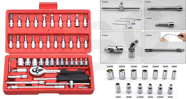 Socket 1 4 Inch Combination Repair Tool Kit (Red 46 Pcs) 0422
