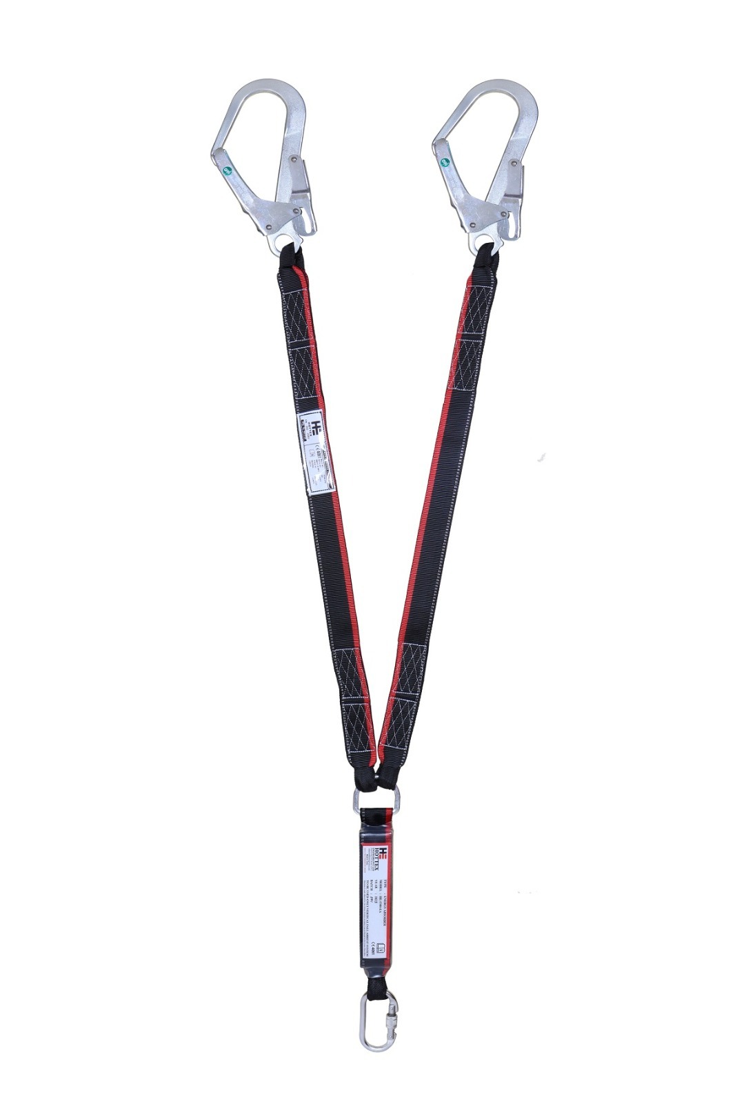 Restraint Lanyard - Wide Polyester Webbing With 2 Scaffold Hooks, Carabiner & Energy Absorber