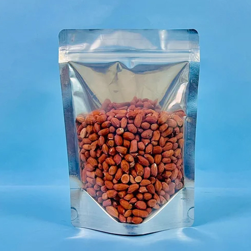 One Side Silver Stand Up Pouch - Polyester Material , 50 Pack Size, Zipper Closure, Glossy Finish, Tear Notch Design, Plain Pattern