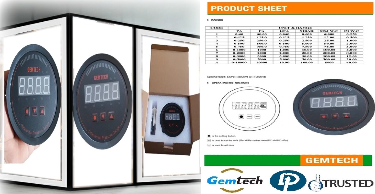 Gemtech Series 3000 Digital Pressure Gauge Range 0 To 8.000 Inch W.c.