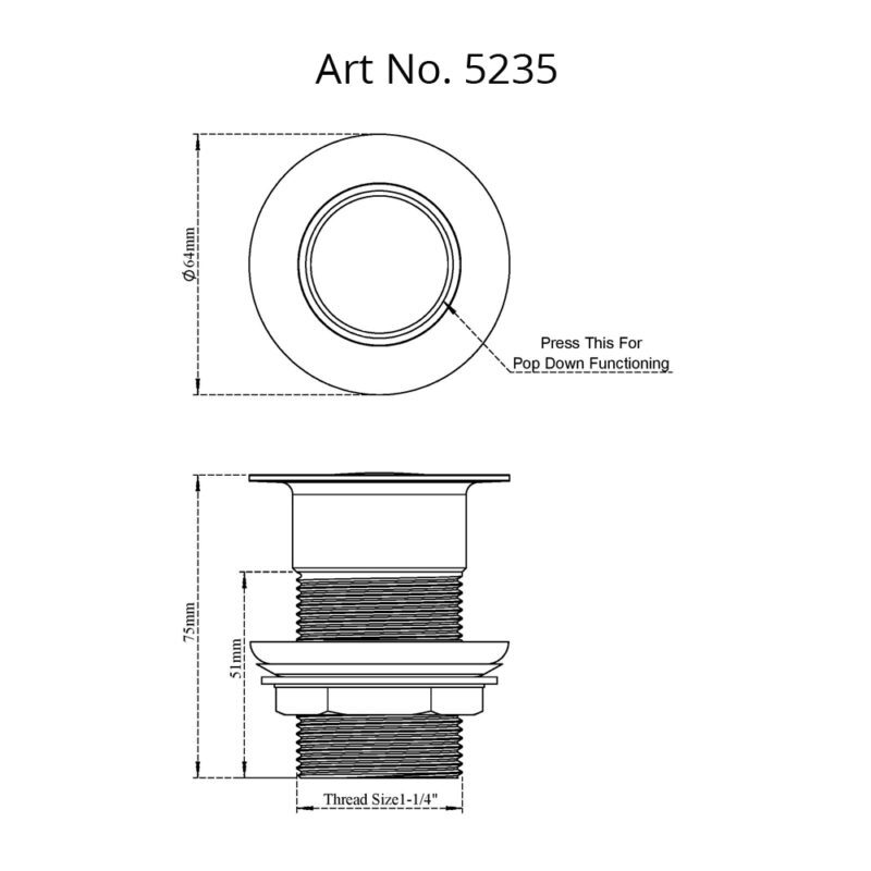 Waste Coupling Pop Down - Brass 32mm Thread With 75mm Outer Length, Polished Finish, Round Shape, Ideal For Sink Use