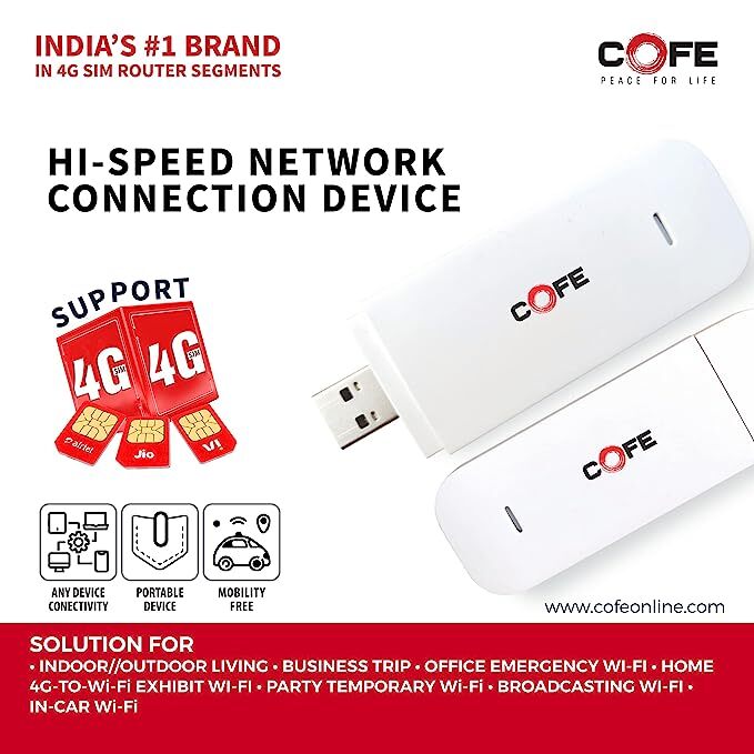 Cofe 4g Wireless Dongle - High Speed 4g Wifi With Sim Support | Premium Chipset Portable Data Card Hotspot
