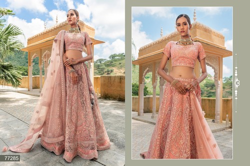 ट्रेडिशनल पीचिस पिंक ज़र्कन वर्क नेट सेमी स्टिच्ड लहंगा चोली नेट दुपट्टा-77285 के साथ