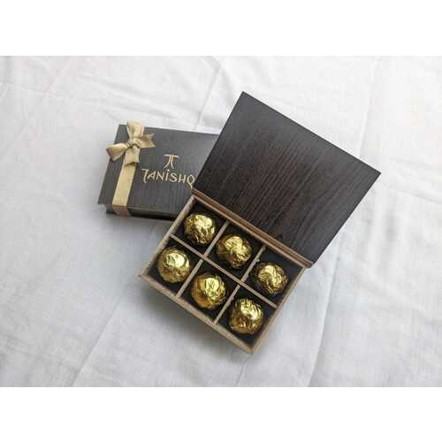Gifting Chocolate - Wooden Box 6x4x2 inches, Beige Ribbon | Elegant Packaging, Luxury Experience, Variety of Flavors, Six Premium Chocolates