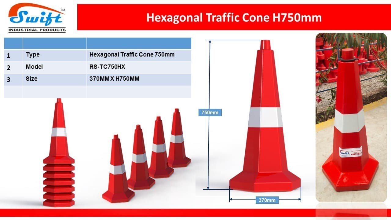 Road Safety Cones (750 Mm Hexagonal Base) - Plastic 100% Virgin Material, Base 370mm X H 750mm, Red Color | Uv Stabilized, Maintenance-free, Sand Filling Provision