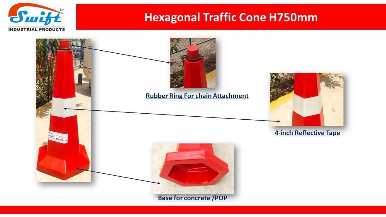 Road Safety Cones (750 Mm Hexagonal Base) - Plastic 100% Virgin Material, Base 370mm X H 750mm, Red Color | Uv Stabilized, Maintenance-free, Sand Filling Provision