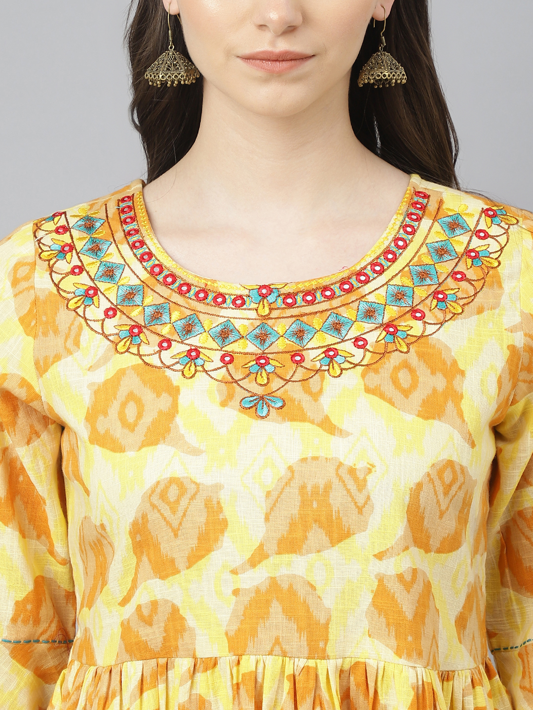 Girls Tunic - Rayon Fabric, Size Available For Girls | Beautiful Yellow Print, Handwork, Three-quarter Sleeves, Round Neckline For Casual And Festive Wear