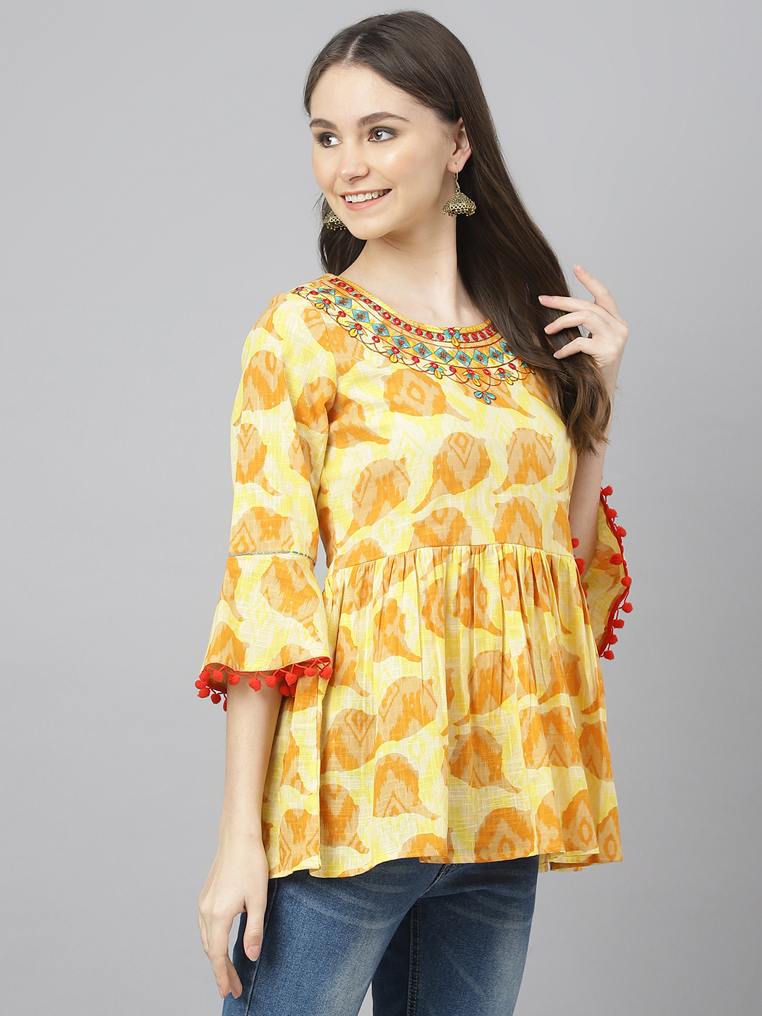 Girls Tunic - Rayon Fabric, Size Available For Girls | Beautiful Yellow Print, Handwork, Three-quarter Sleeves, Round Neckline For Casual And Festive Wear