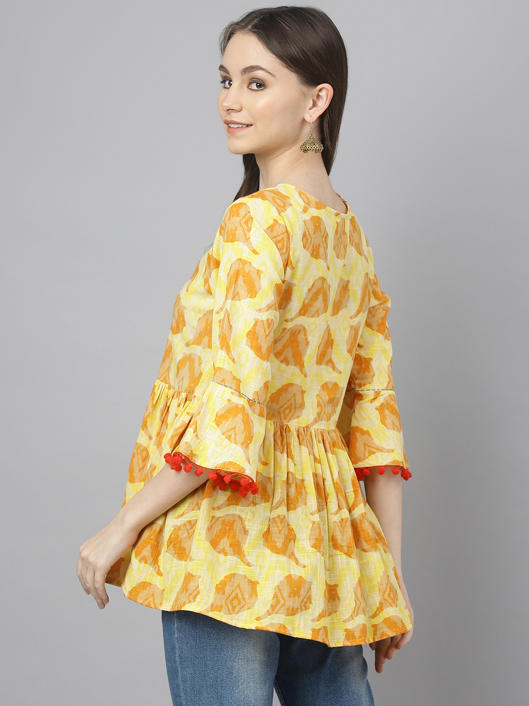 Girls Tunic - Rayon Fabric, Size Available For Girls | Beautiful Yellow Print, Handwork, Three-quarter Sleeves, Round Neckline For Casual And Festive Wear