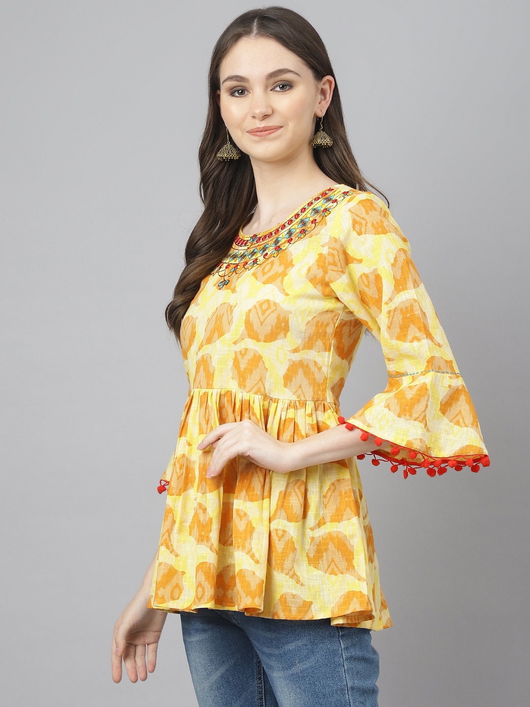 Girls Tunic - Rayon Fabric, Size Available For Girls | Beautiful Yellow Print, Handwork, Three-quarter Sleeves, Round Neckline For Casual And Festive Wear
