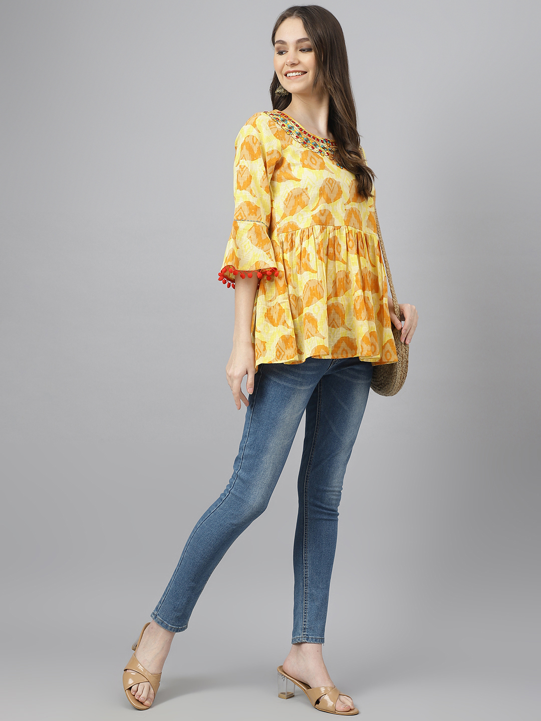 Girls Tunic - Rayon Fabric, Size Available For Girls | Beautiful Yellow Print, Handwork, Three-quarter Sleeves, Round Neckline For Casual And Festive Wear
