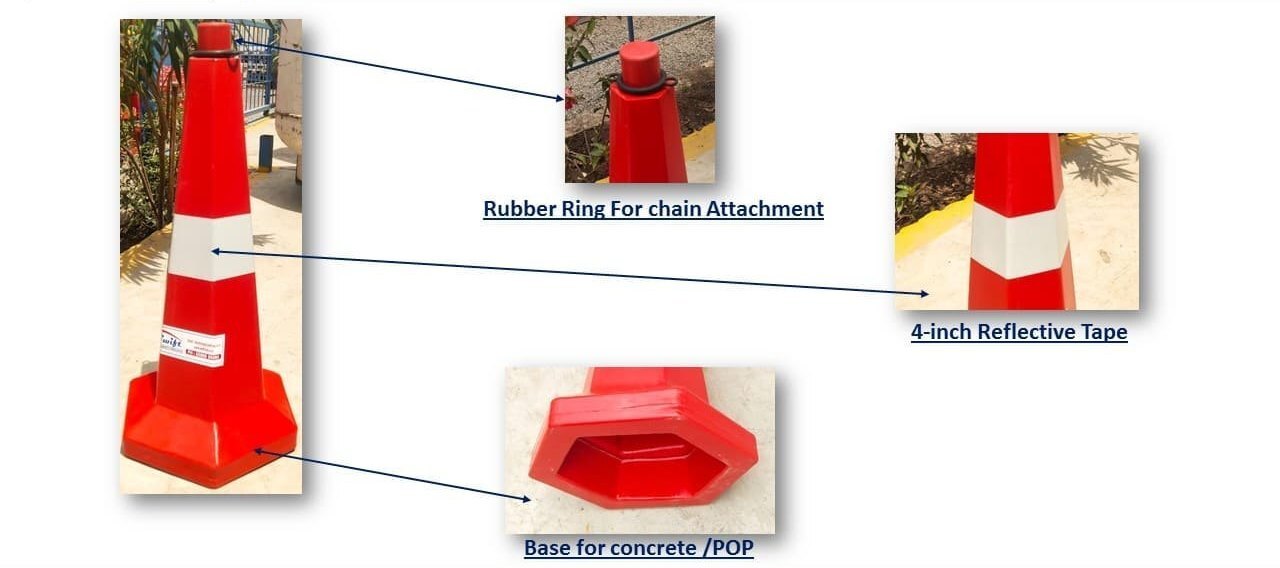 Road Safety Cones (750 Mm Hexagonal Base) - Plastic 100% Virgin Material, Base 370mm X H 750mm, Red Color | Uv Stabilized, Maintenance-free, Sand Filling Provision