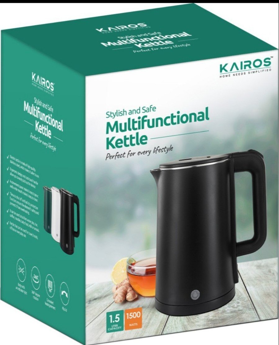 Kairos Electric Kettle - Stainless Steel, 20x15x25 Cm, Black | 1.8l Capacity, Auto Shut-off, Cordless, Easy Clean, Stylish Design, Wide Mouth