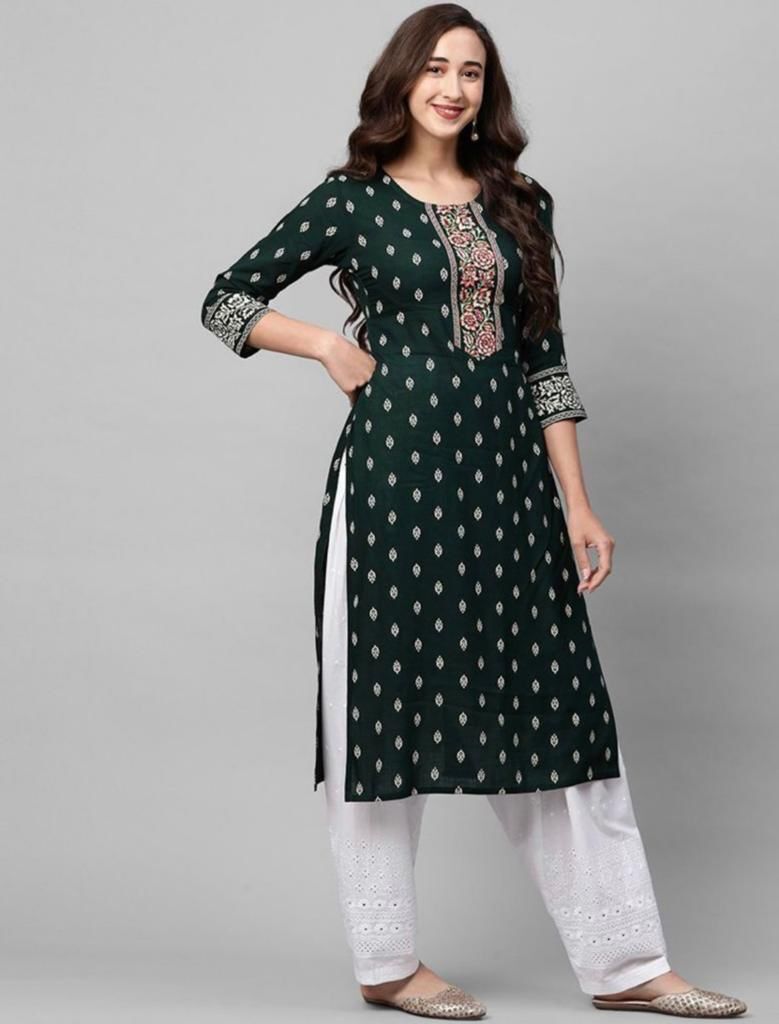 Fancy Reyon Kurti - 14kg Heavy Reyon Foil Work Available In 4 Elegant Colors Sizes S To Xxl Perfect For Casual Traditional Wear