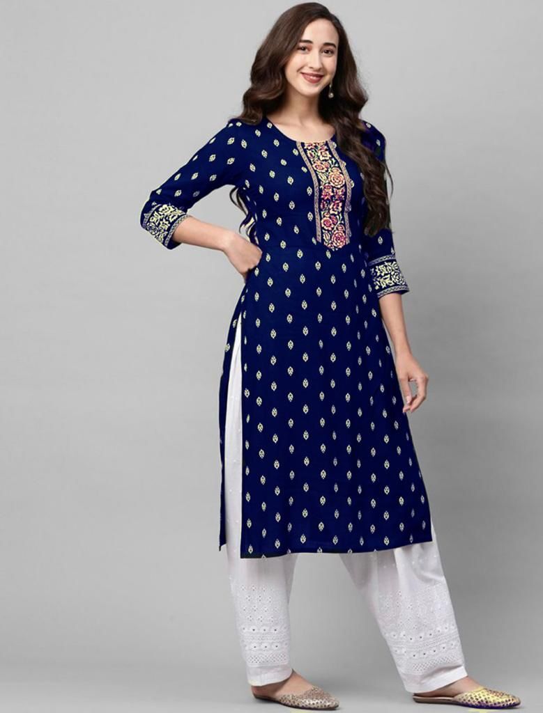 Fancy Reyon Kurti - 14kg Heavy Reyon Foil Work Available In 4 Elegant Colors Sizes S To Xxl Perfect For Casual Traditional Wear