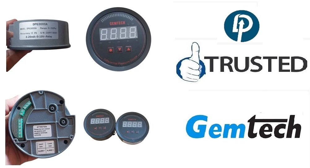 Gemtech Series 3000 Digital Differential Pressure Gauge - Range 0 To 750 Pascal, High-precision Sensors, ±1% Fs Accuracy, Black Abs Plastic, 100mm Diameter