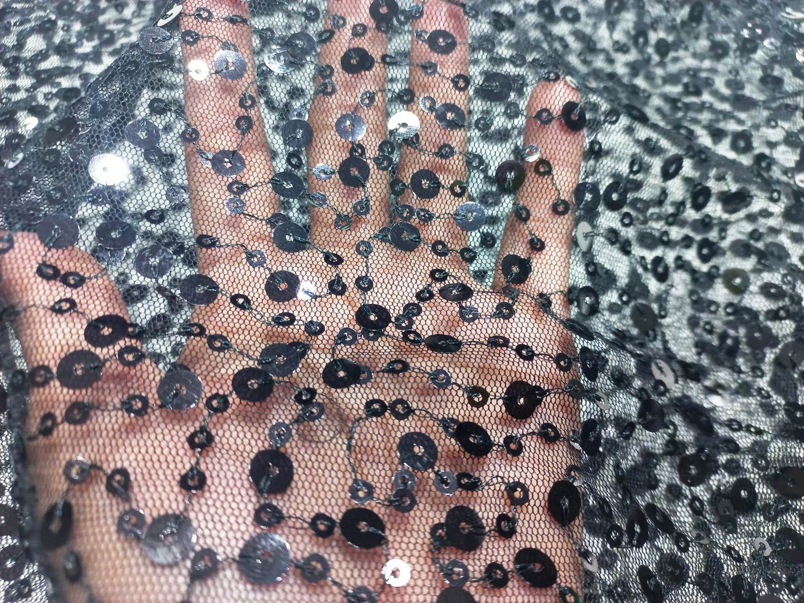 Sequins Embroidery Fabric On Black Mesh Net