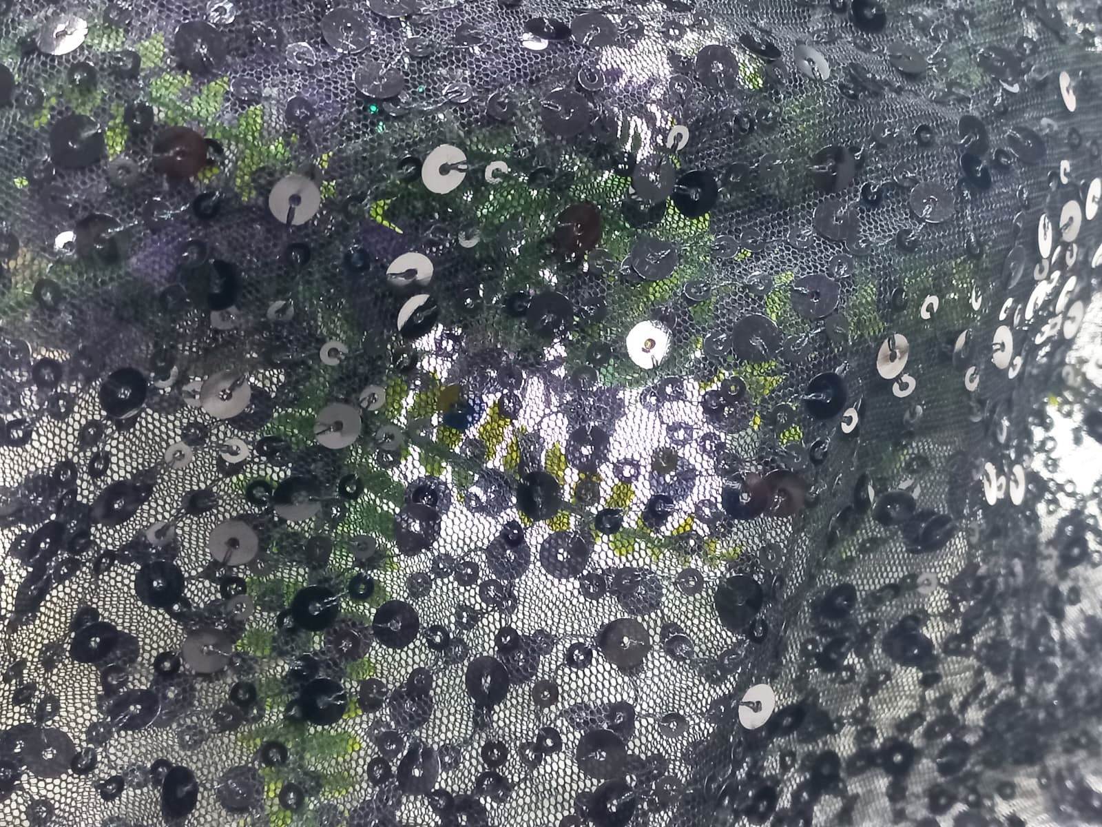 Sequins Embroidery Fabric On Black Mesh Net