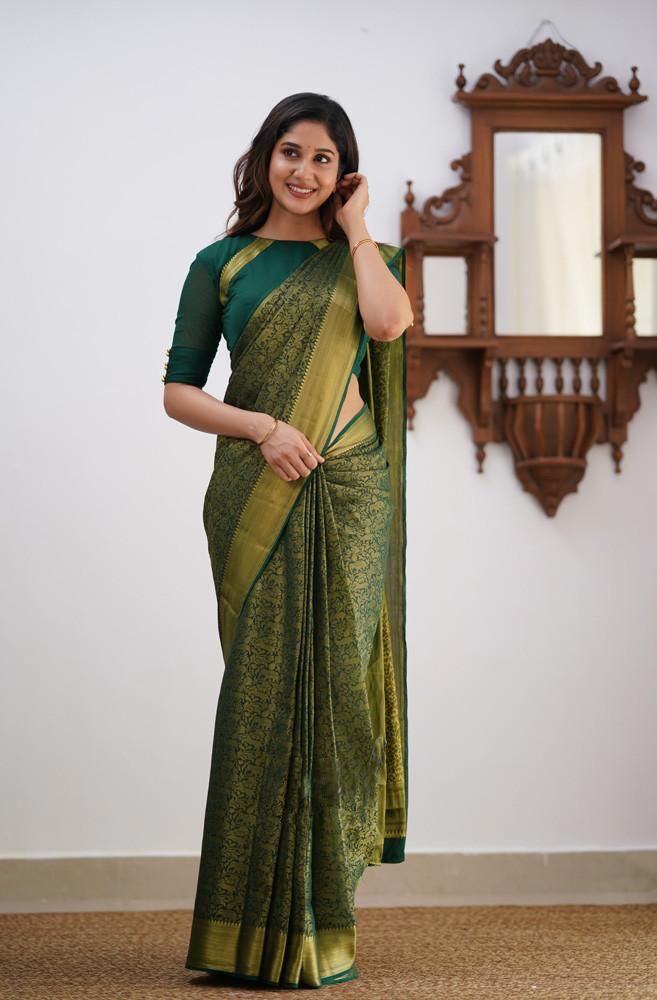 Pure Soft Lichi Silk Saree - Color: Olive Green