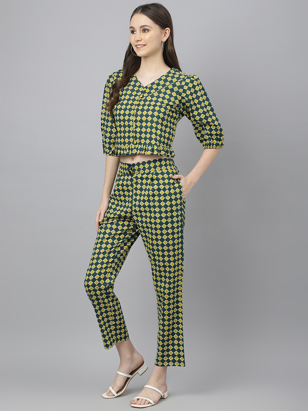 Women Co Ords Set - Color: Green & White