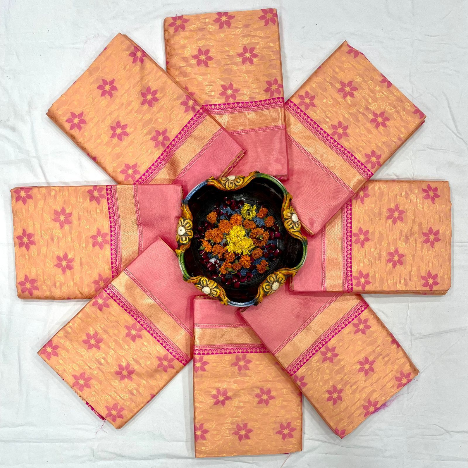 Soft Silk Saree - Soft Lich Silk Fabric, Peach Color | Beautiful Rich Pallu, All Over Jacquard Work, Jacquard Blouse Border, Traditional Wear