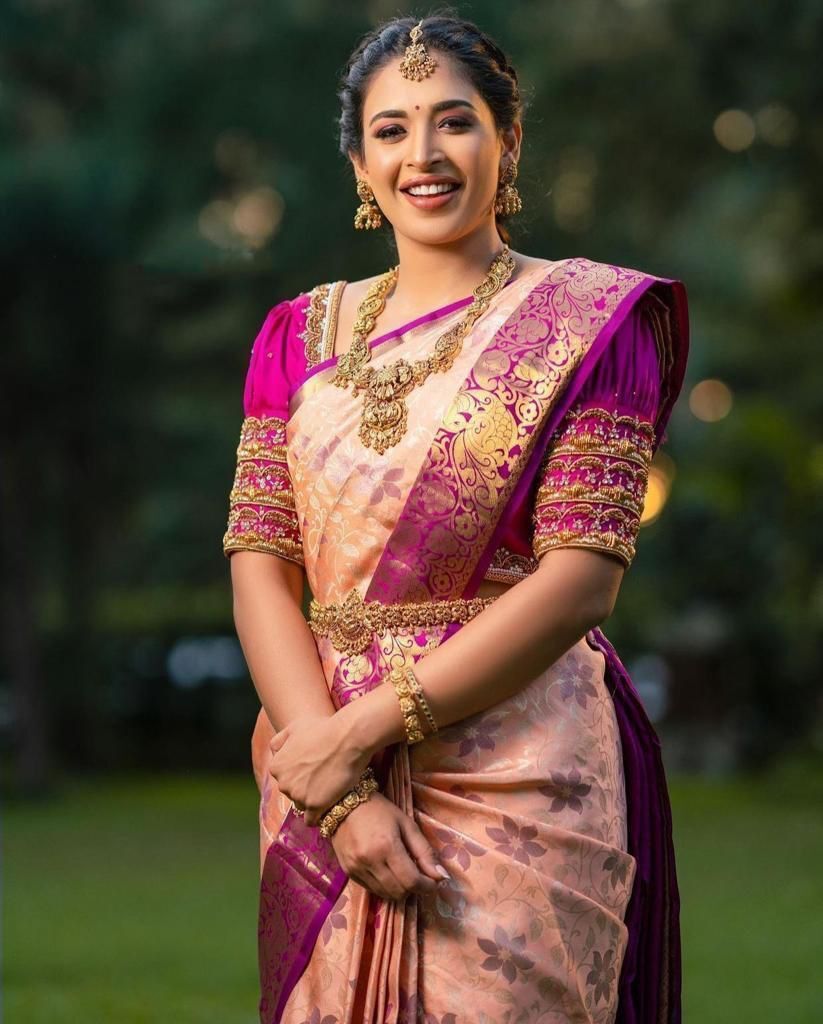 Soft Silk Saree - Soft Lich Silk Fabric, Peach Color | Beautiful Rich Pallu, All Over Jacquard Work, Jacquard Blouse Border, Traditional Wear