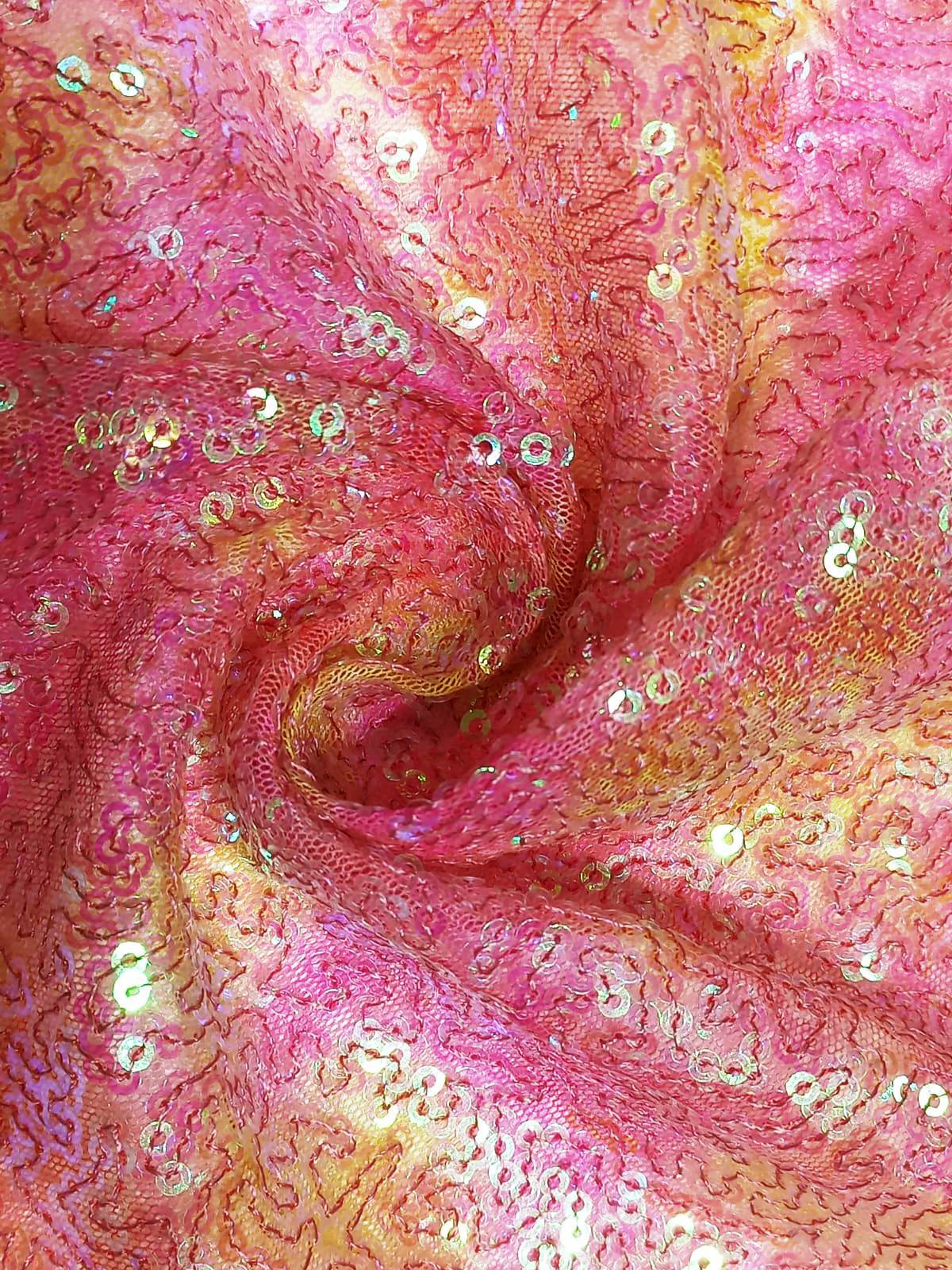 Luxuirous Iridescent Pink Sequins Embroidery Fabric On Mesh Fabric