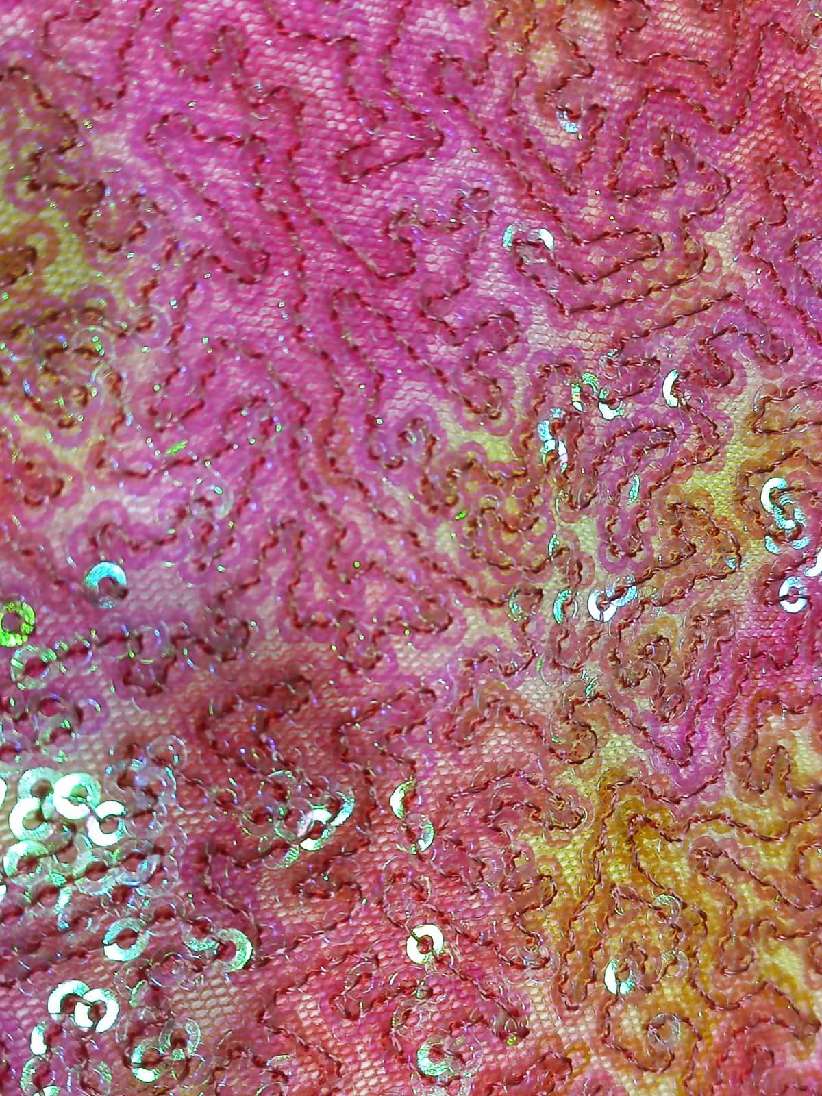 Luxuirous Iridescent Pink Sequins Embroidery Fabric On Mesh Fabric