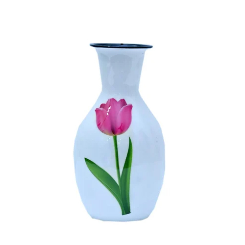 8 Inch Iron Flower Vase - Metal, 8 Inch Height, White Color, Antique Effect, Customizable Designs, Cylindrical Shape | Hand Painted Decor