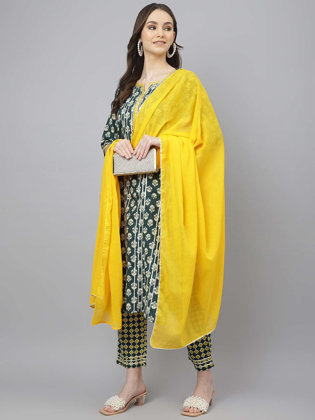 Women Kurta Set - Cotton Fabric, Sizes S To Xxl, Yellow & Green With Gota Handwork | Trendy Designer Kurta Pant With Dupatta, Full Sleeves, All Season Wear