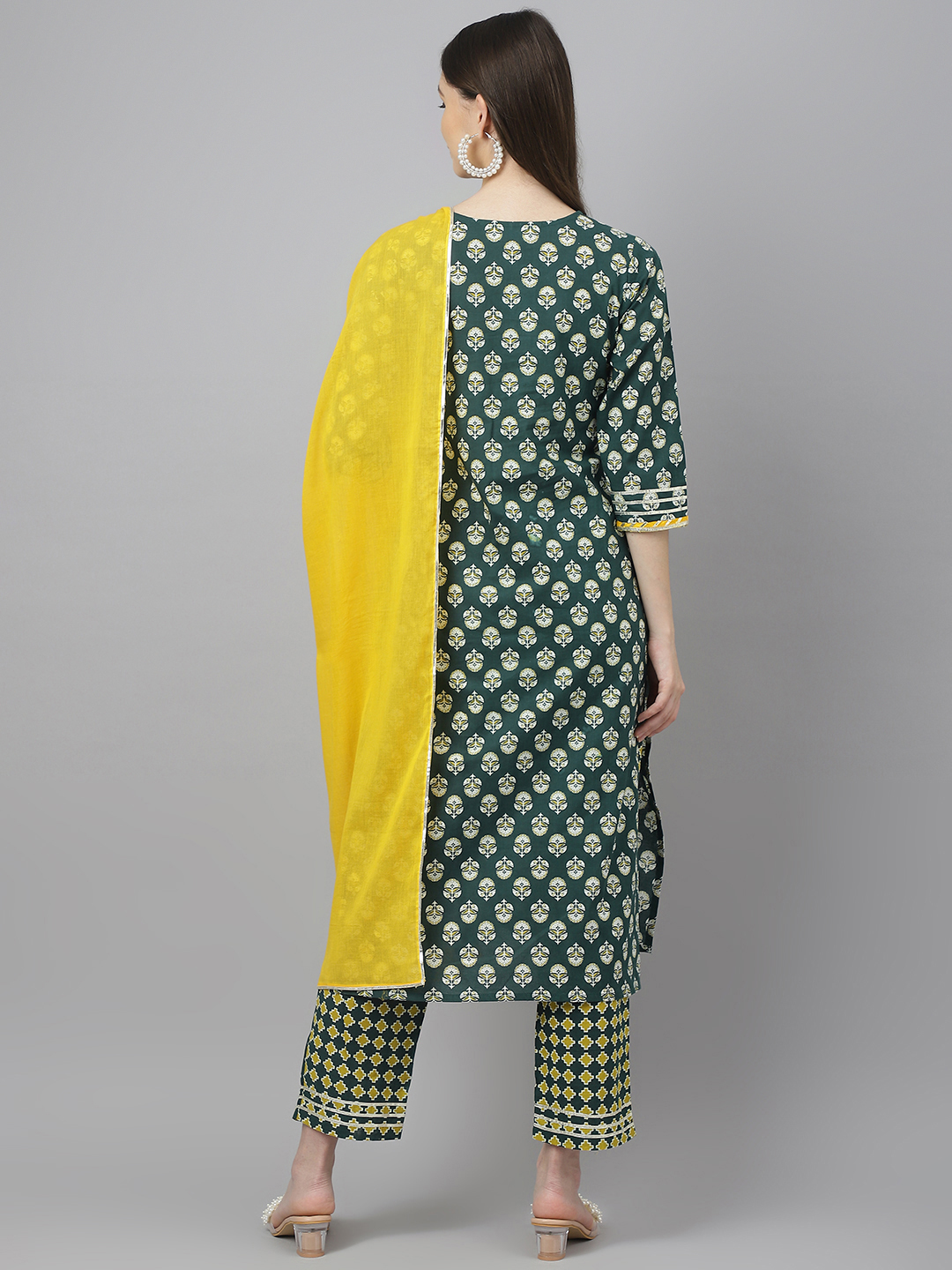 Women Kurta Set - Cotton Fabric, Sizes S To Xxl, Yellow & Green With Gota Handwork | Trendy Designer Kurta Pant With Dupatta, Full Sleeves, All Season Wear