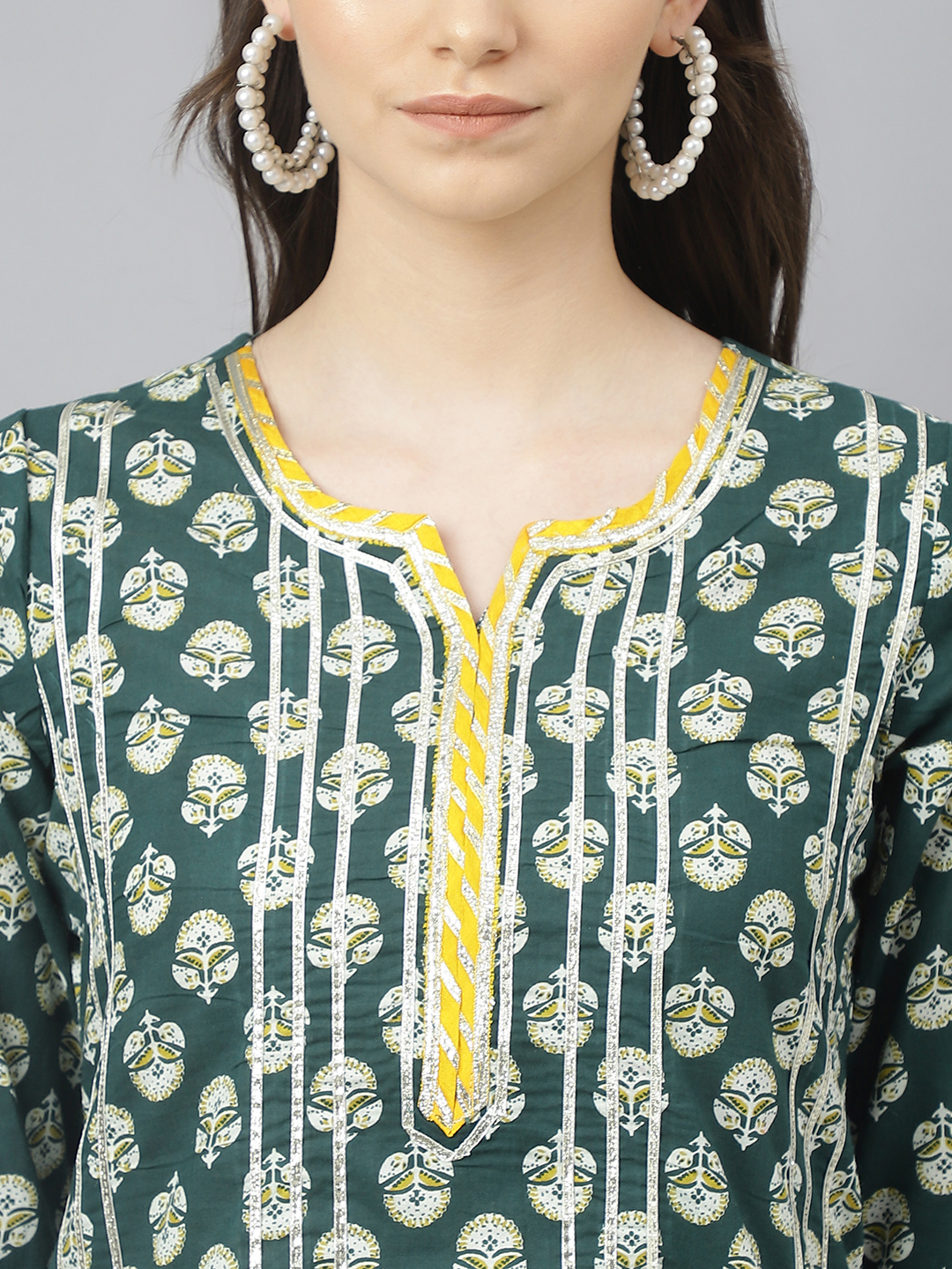 Women Kurta Set - Cotton Fabric, Sizes S To Xxl, Yellow & Green With Gota Handwork | Trendy Designer Kurta Pant With Dupatta, Full Sleeves, All Season Wear
