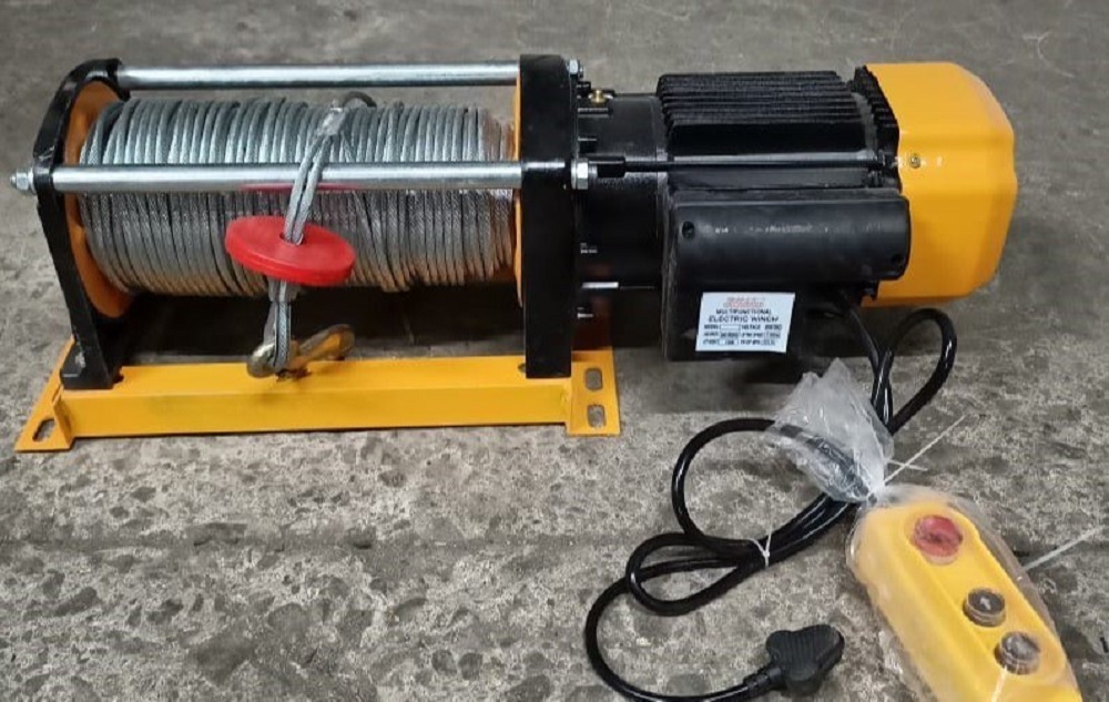 Electric Winch - 1 Ton Capacity, 50 Meters Length, 6 Mm Wire Rope | Industrial Lifting Equipment, Yellow Color