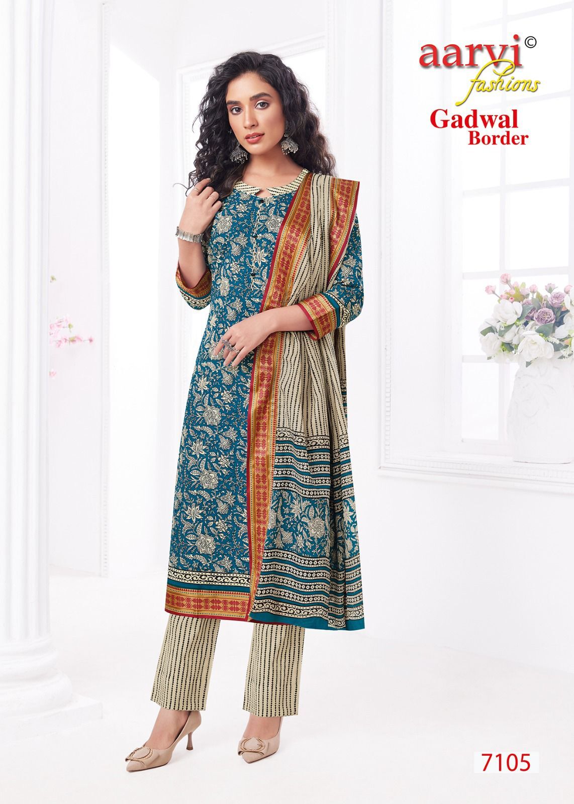 Aarvi Gadhwal Border Vol-8 Kurti Pant With Dupatta - Pure Cambric Cotton, Size L(40), Gadhwal Border Mulmul Dupatta | Ethereal Fabric, Elegant Design