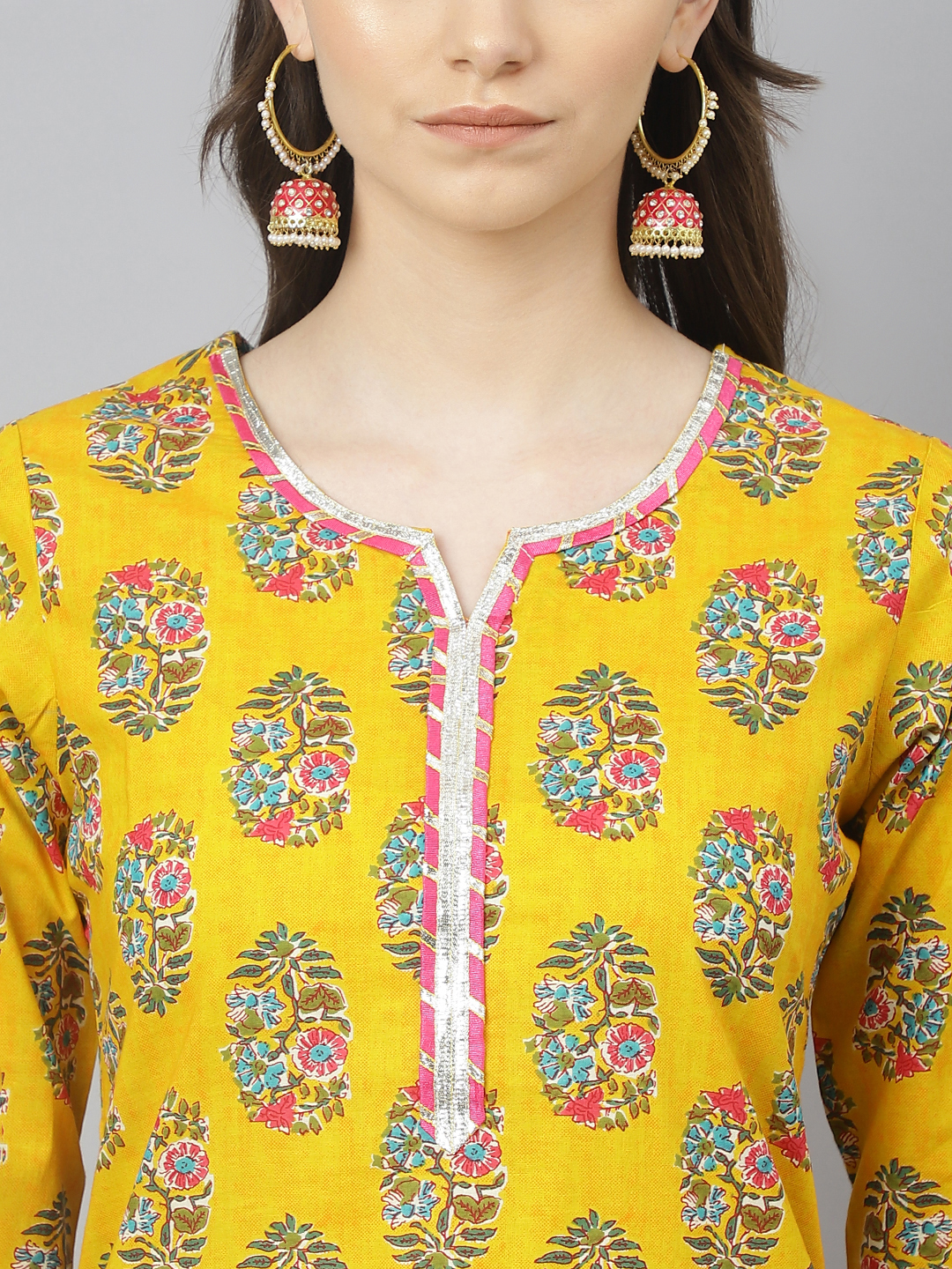 Ladies Suits - Cotton Ethnic Kurta Set With Pant & Dupatta, Sizes S To Xxl, Multi Color Yellow & Red, Full Sleeves, Printed Design, Quick Dry, Washable