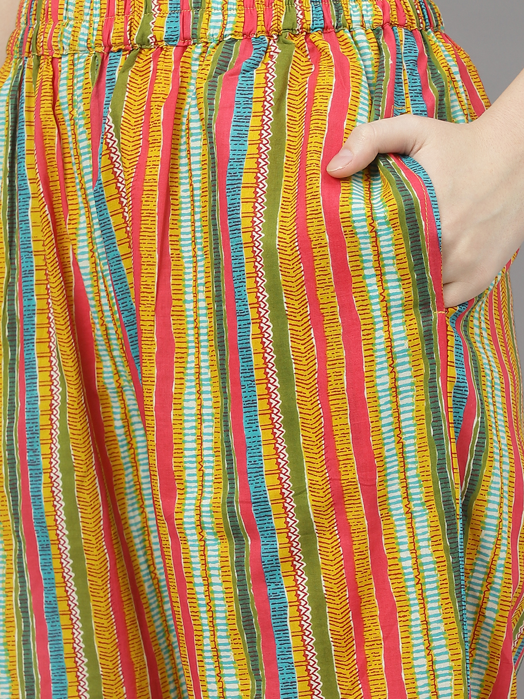 Ladies Suits - Cotton Ethnic Kurta Set With Pant & Dupatta, Sizes S To Xxl, Multi Color Yellow & Red, Full Sleeves, Printed Design, Quick Dry, Washable